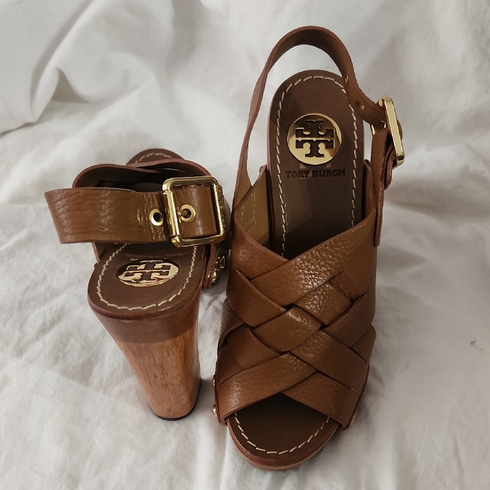 Tory Burch Brown Leather Woven Heels